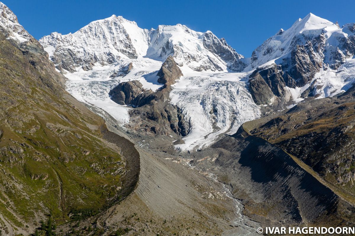 View of Piz Bernina and Tschierva Glacier from Fuorcla Surlej